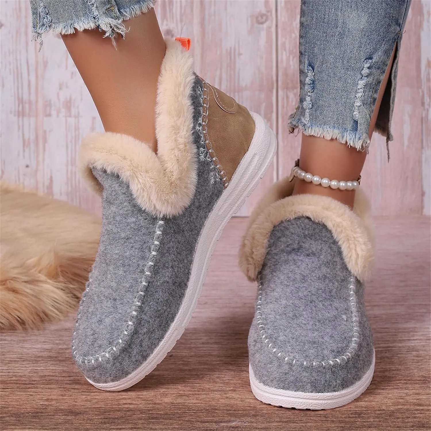 Ankle Boots For Women Comfy Slip On Winter Boots Warm Snow Short Booties Fashion Fur Lined Comfortable Loafers Shoes