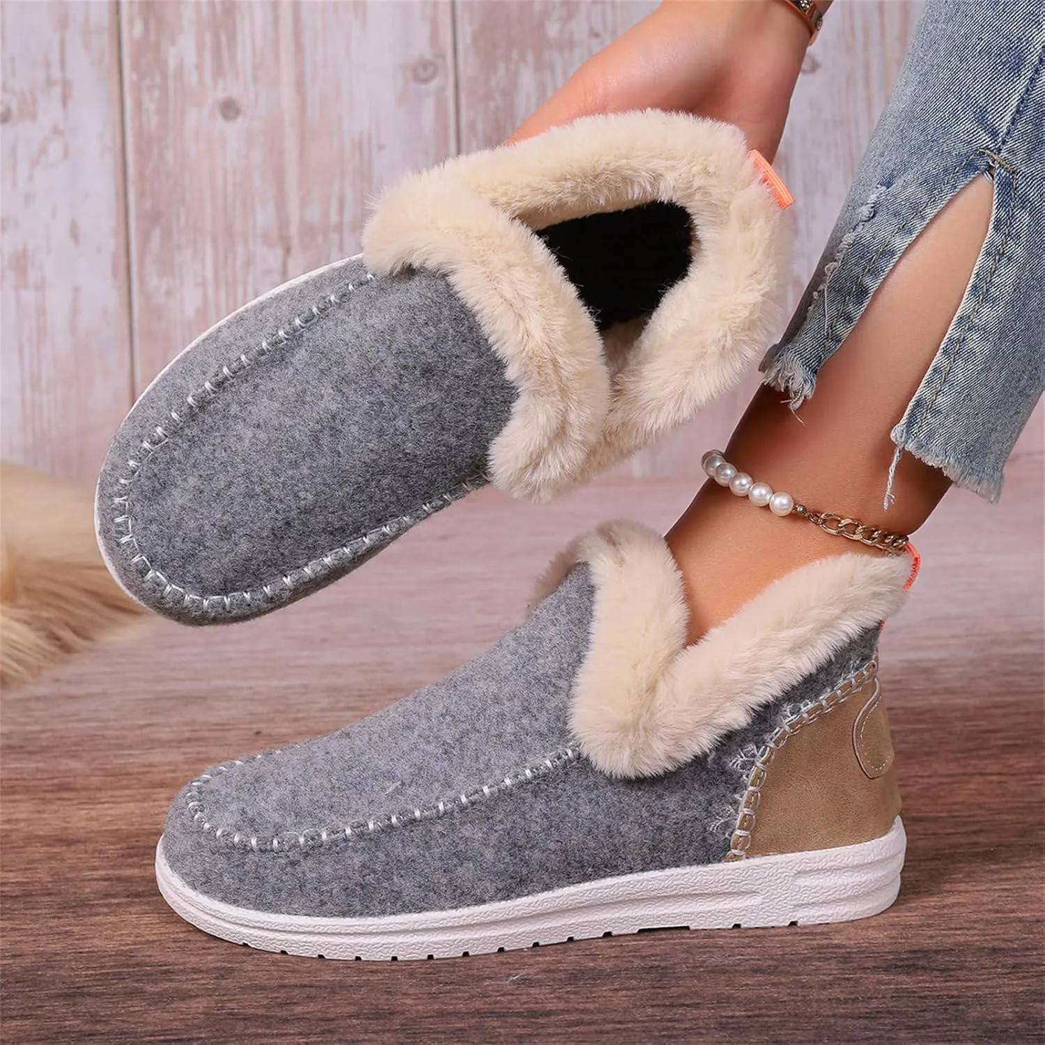 Ankle Boots For Women Comfy Slip On Winter Boots Warm Snow Short Booties Fashion Fur Lined Comfortable Loafers Shoes