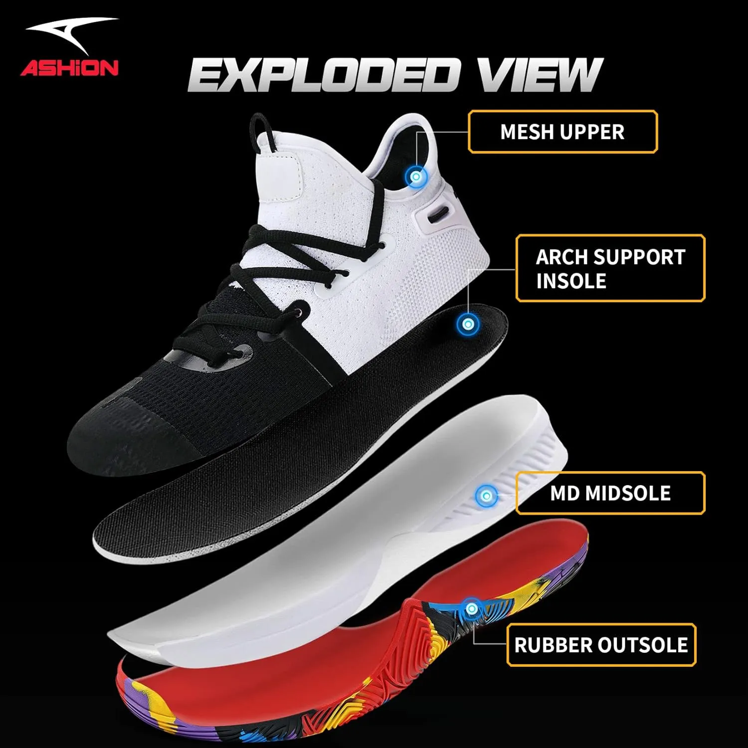 ASHION Men Basketball Shoes Arch Support Mens Sneakers Anti Slip Breathable Comfortable High Top Sports Running Walking Tennis Shoes