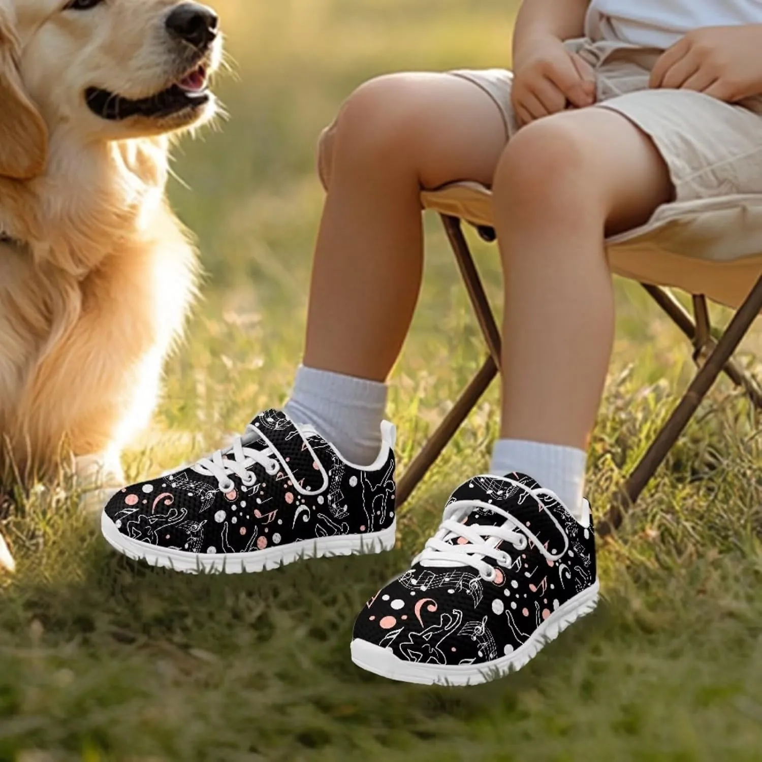 Black Print Kids Sneakers Boys Athletic Running Shoes Single Buckle Girls Running Tennis Mesh Shoes