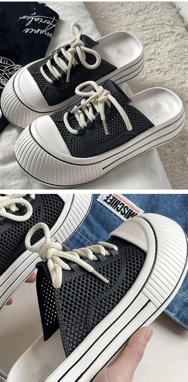 Canvas Mules Platform Sneakers for Women 2025,Backless Slip On Shoes Coquette Lace Up Round Toes Casual Slides Non Slip Chunky Thick Sole Comfort Summer Tennis Shoes Wide Width Breathable Mesh