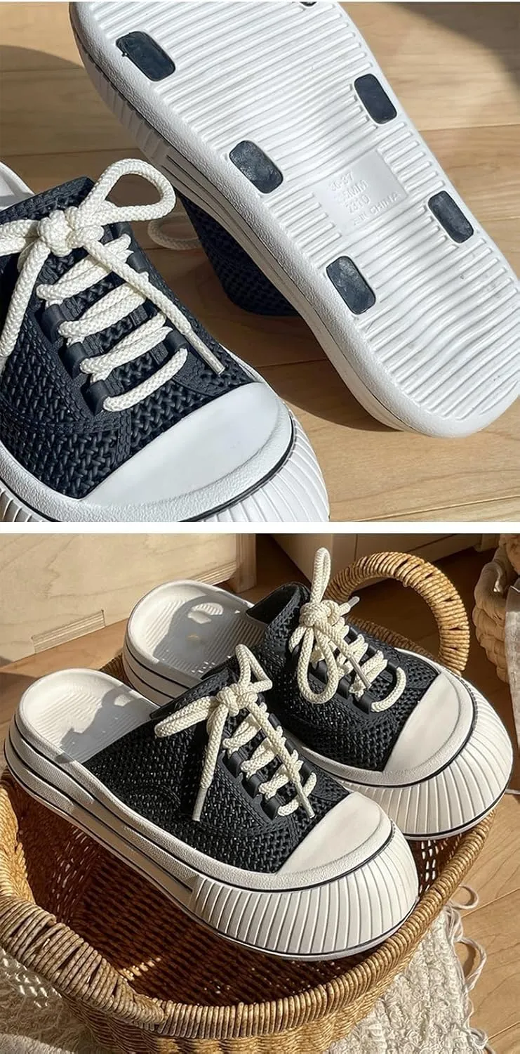 Canvas Mules Platform Sneakers for Women 2025,Backless Slip On Shoes Coquette Lace Up Round Toes Casual Slides Non Slip Chunky Thick Sole Comfort Summer Tennis Shoes Wide Width Breathable Mesh