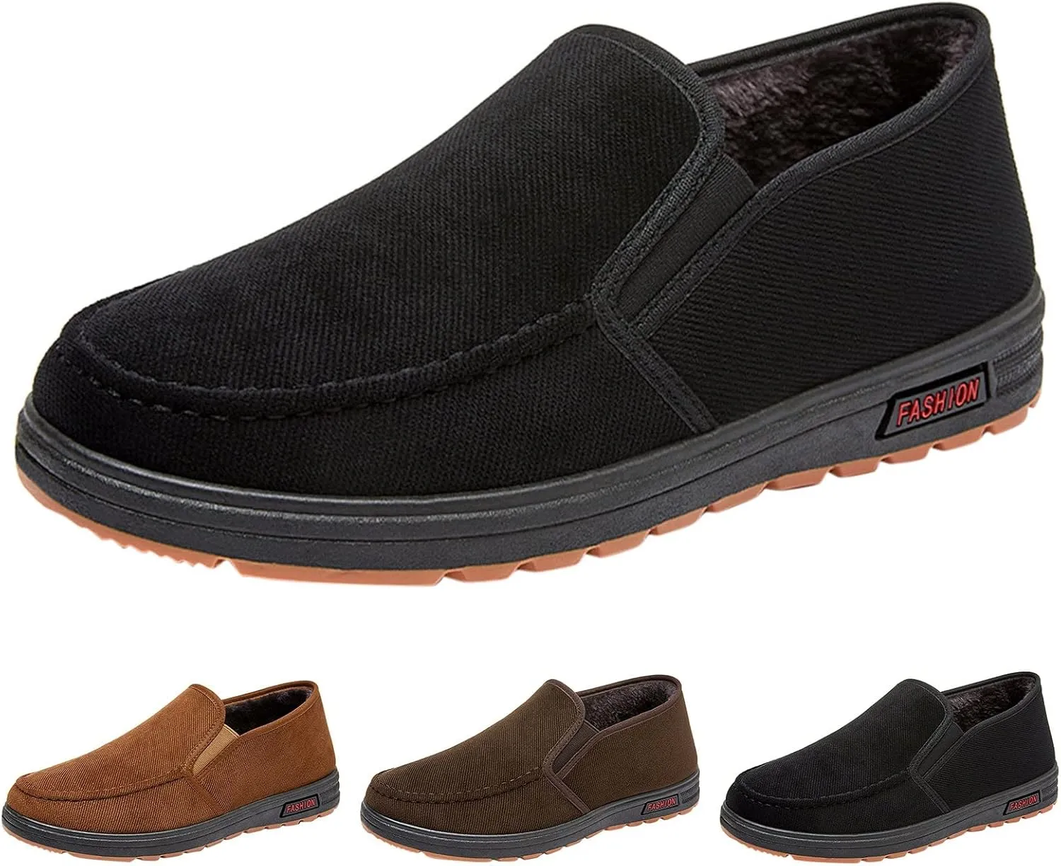 Casual Dress Shoes Fashion and Winter Men Casual Shoes Flat Non Slip Canvas Upper Round Toe Solid Color Slip On Plush