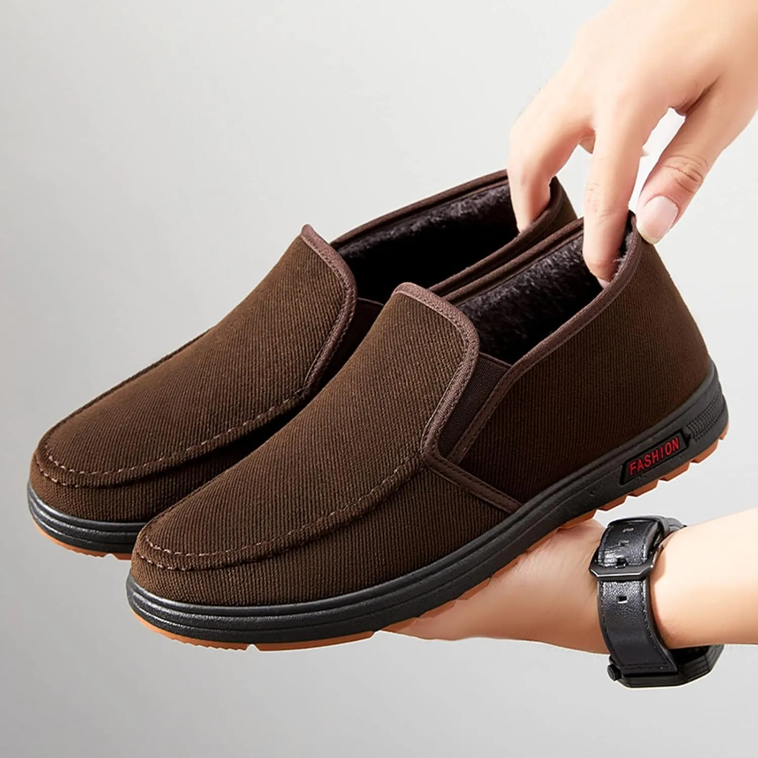 Casual Dress Shoes Fashion and Winter Men Casual Shoes Flat Non Slip Canvas Upper Round Toe Solid Color Slip On Plush