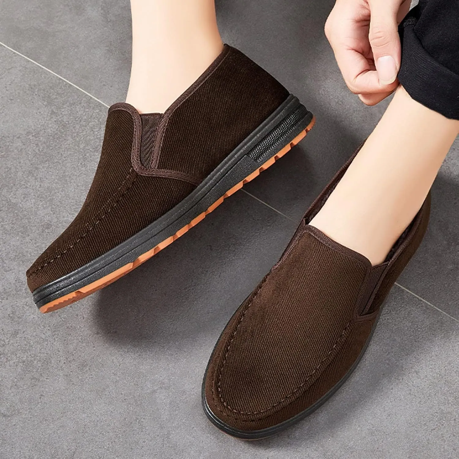 Casual Dress Shoes Fashion and Winter Men Casual Shoes Flat Non Slip Canvas Upper Round Toe Solid Color Slip On Plush