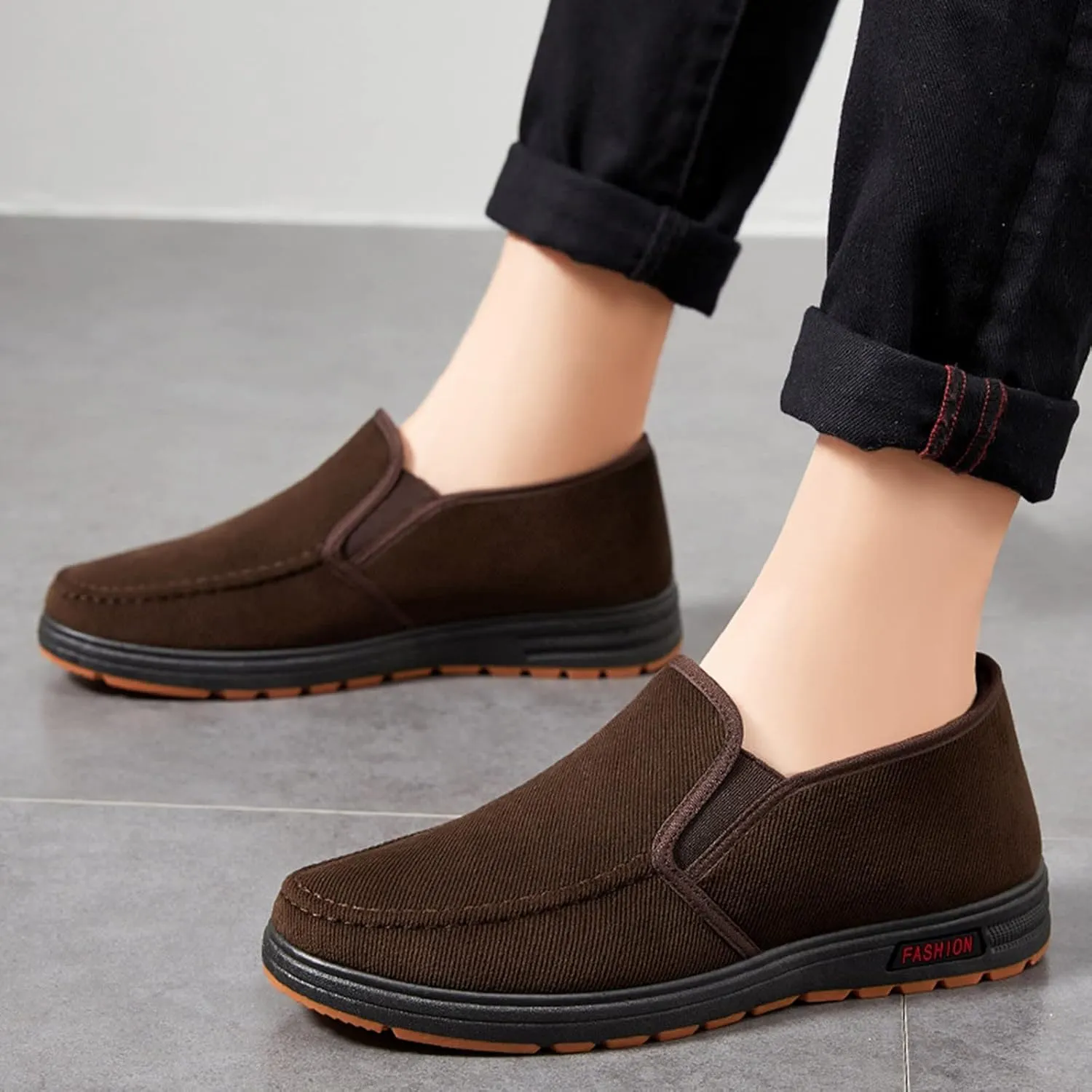 Casual Dress Shoes Fashion and Winter Men Casual Shoes Flat Non Slip Canvas Upper Round Toe Solid Color Slip On Plush
