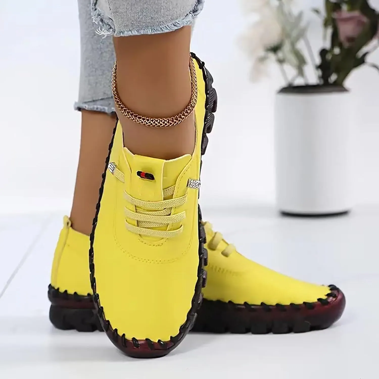 Casual Womens Shoes Women's Leather Soft Flat Bottom Loafers Soft Leather Breathable Flat Walking Shoes Comfy Plantar Fasciitis Loafers with Arch Support