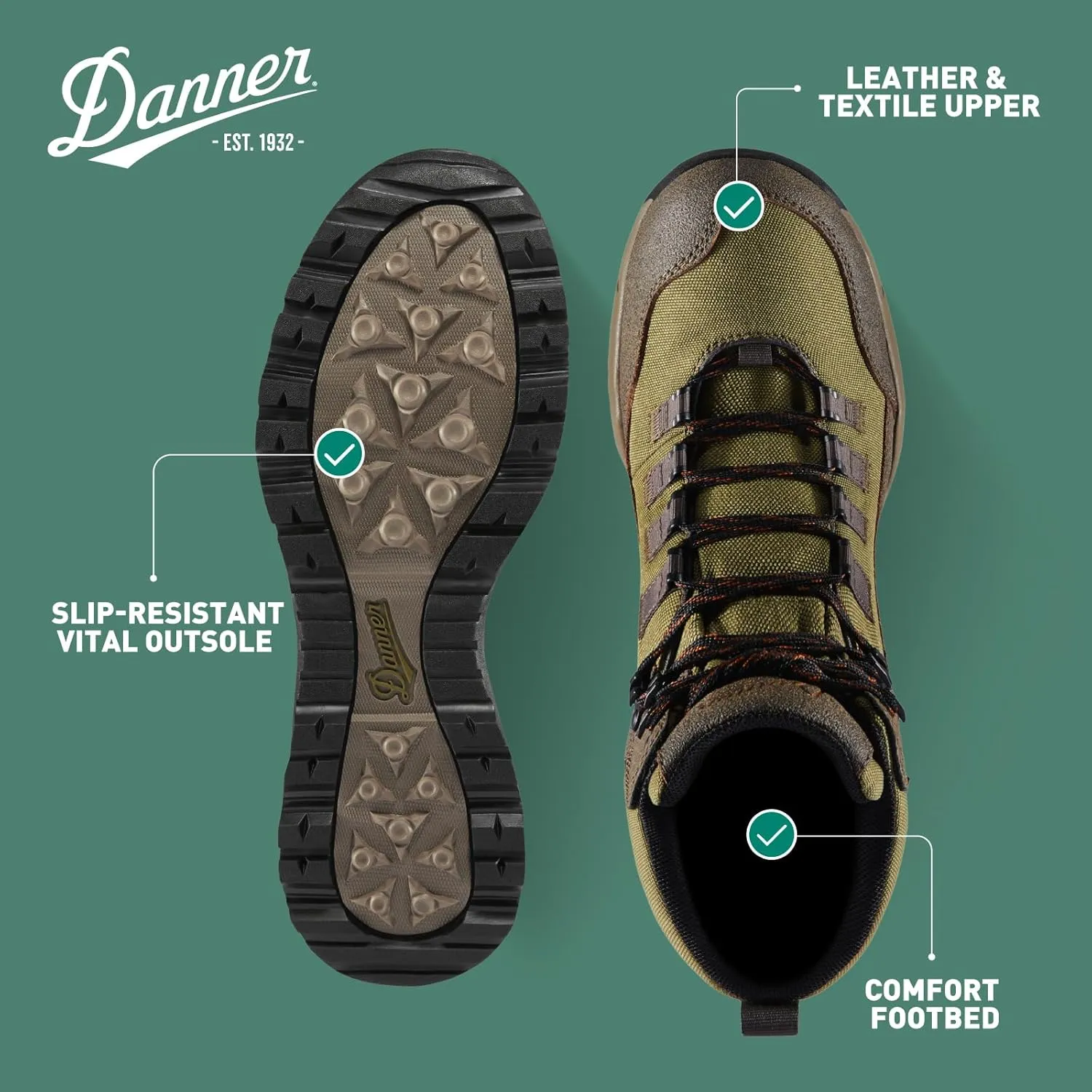 Danner Vital Trail 5 Hiking Boots for Men - Waterproof, Abrasion-Resistant Leather and Textile, with Shock-Absorbing Midsole and Traction Outsole