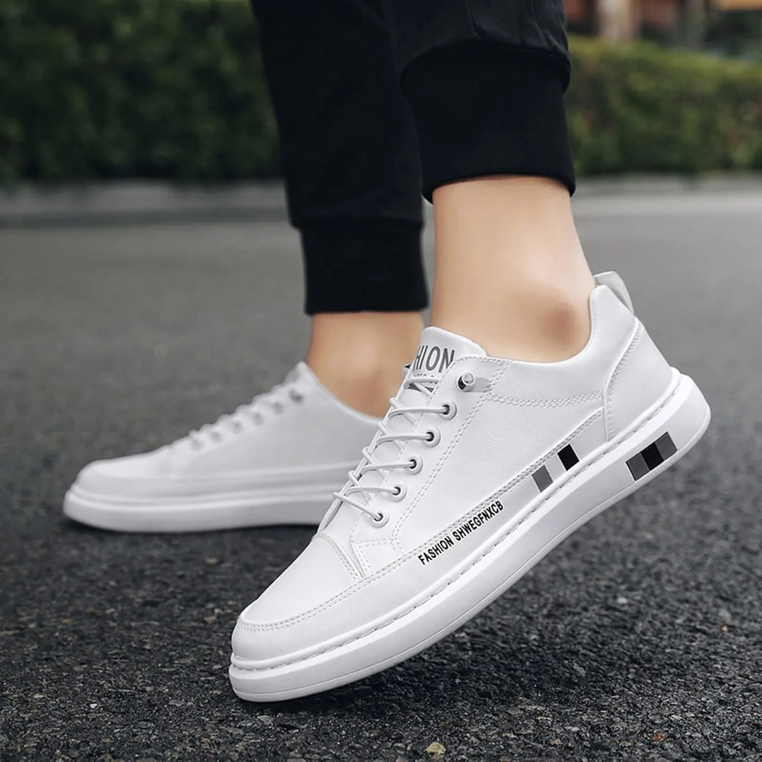 Fashion Sneakers Comfortable Men's Fashion Round Toe Lace Up Leather White Shoes Casual Comfortable Breathable Sneakers