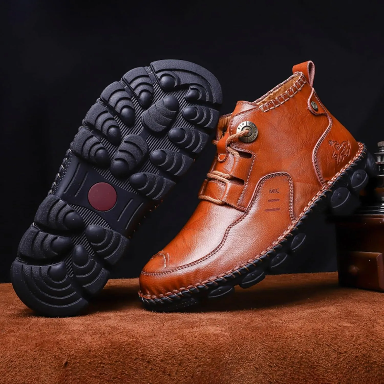 FOTN Mens Retro Leather Lace Up Chukka Ankle Boots Handmade Casual Mid-Top Non-Slip Outdoor Desert Hiking Driving Walking Loafers