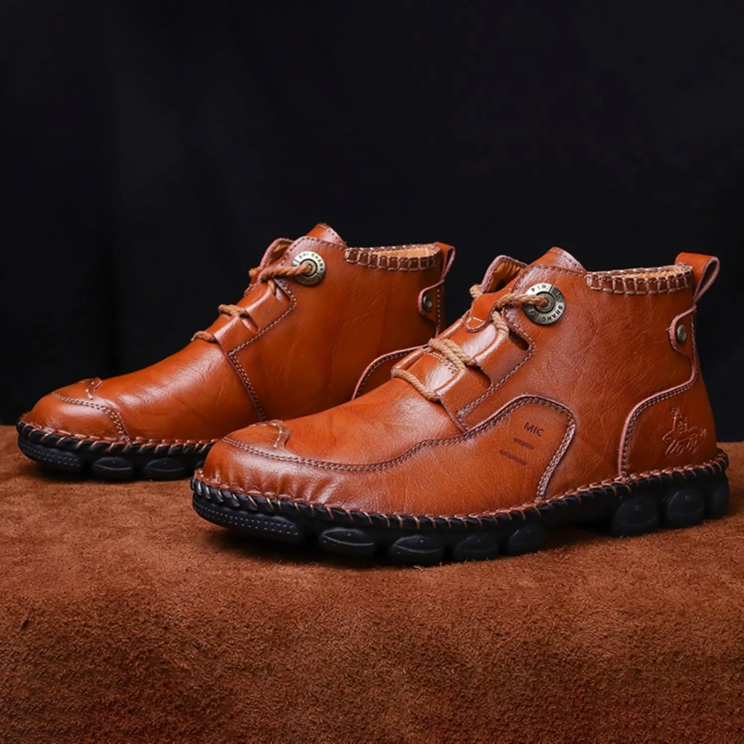 FOTN Mens Retro Leather Lace Up Chukka Ankle Boots Handmade Casual Mid-Top Non-Slip Outdoor Desert Hiking Driving Walking Loafers