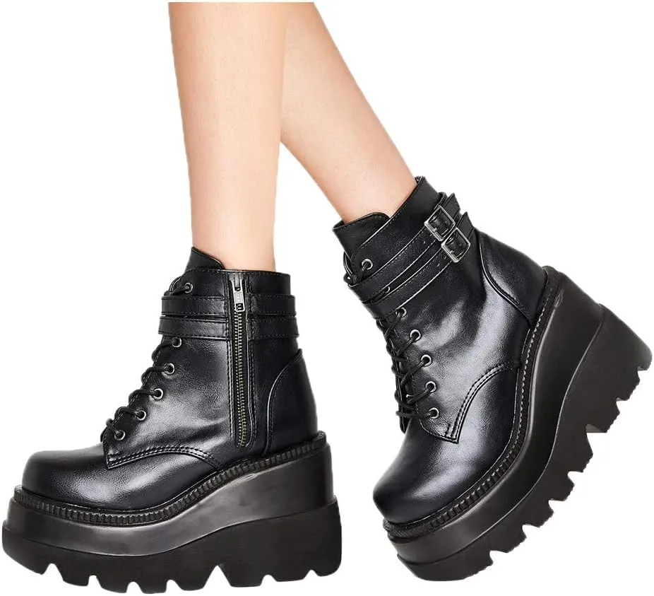 Gibobby Women's Chunky High Heel Ankle Booties, Fashion Lace Up Boots, Motorcycle Boots, Military Combat Boots, Black, All Seasons, Waterproof, Casual, Size: Asian