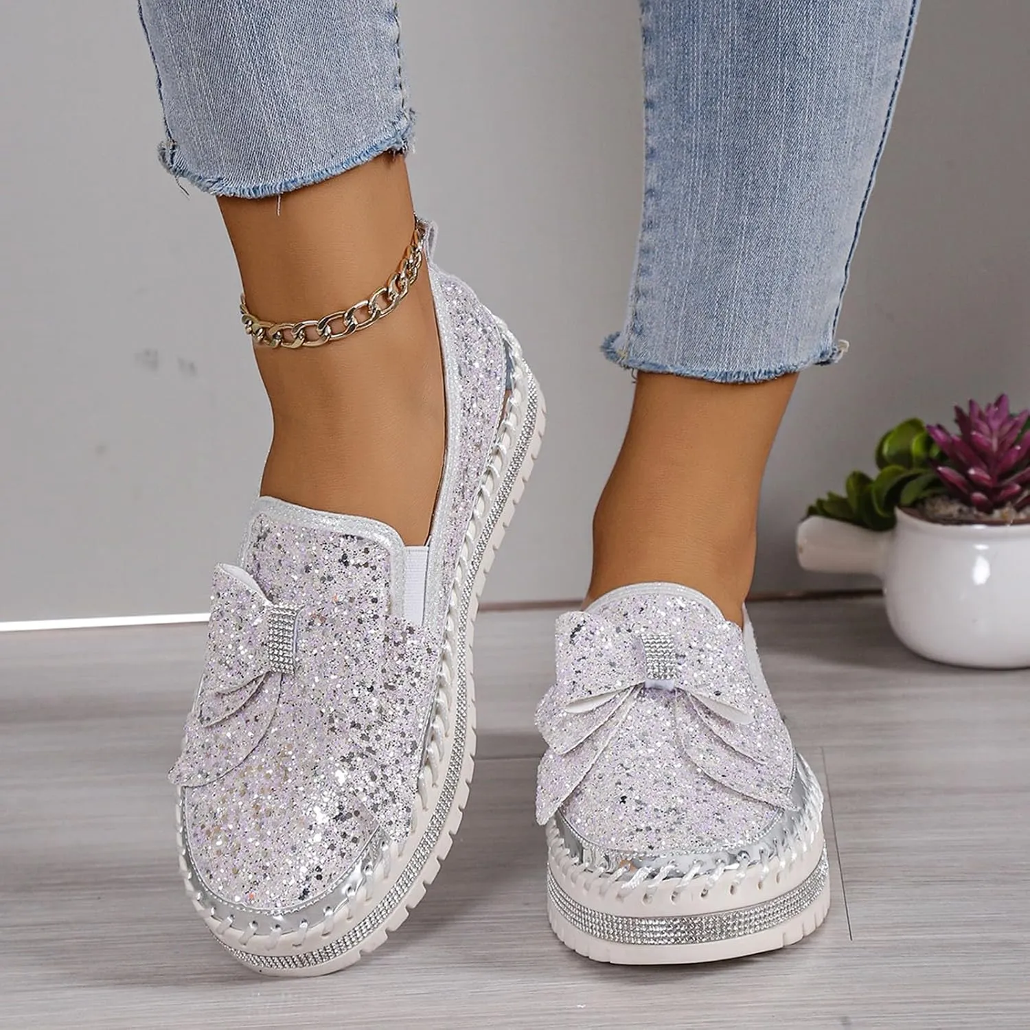 Glitter Sneakers for Women Women's Platform Rhinestones Glitter Sneaker Cute Bow Slip On Comfort Sneaker Loafer Casual Shoes