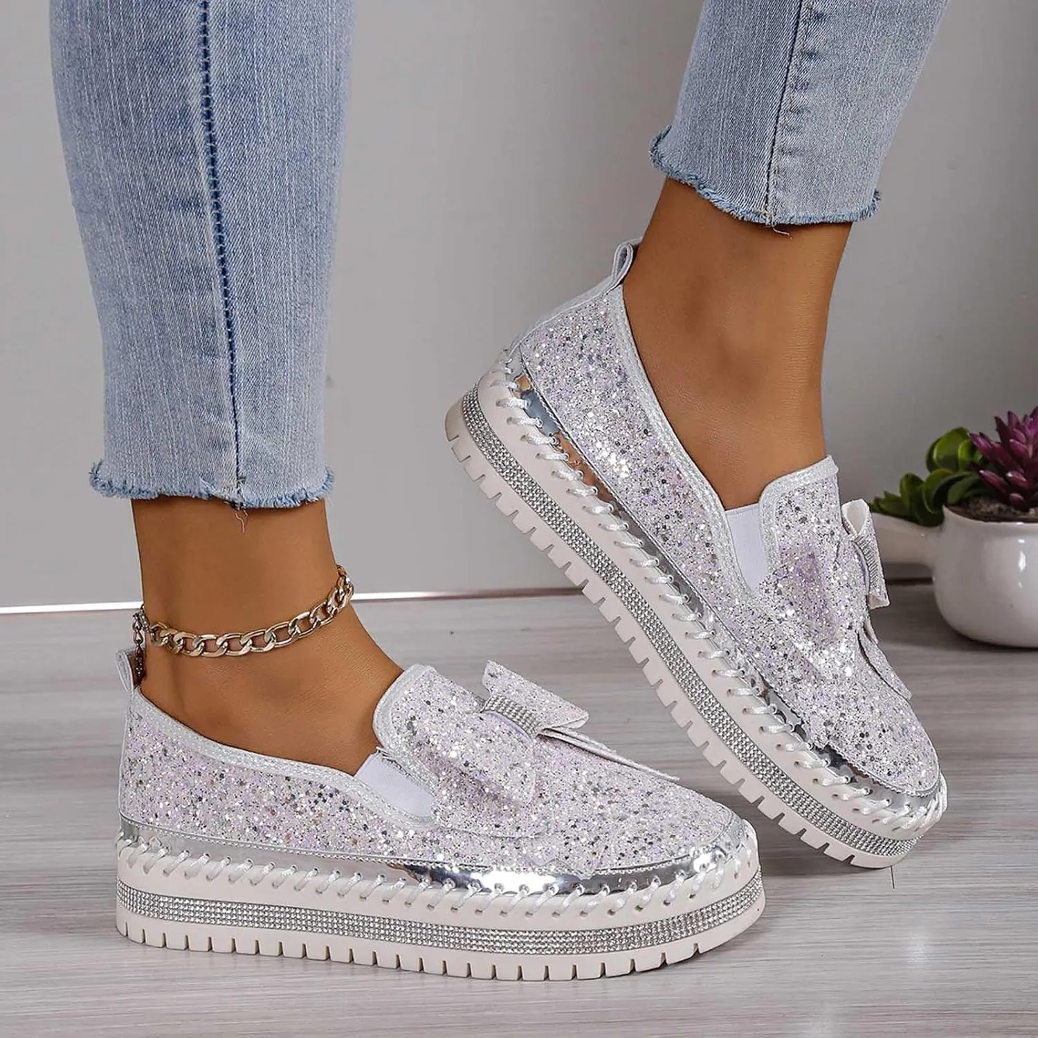 Glitter Sneakers for Women Women's Platform Rhinestones Glitter Sneaker Cute Bow Slip On Comfort Sneaker Loafer Casual Shoes