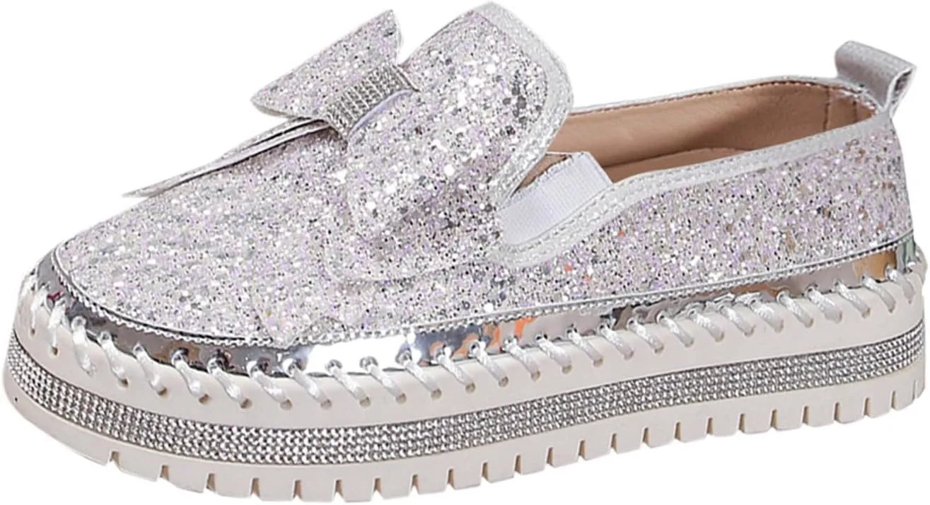 Glitter Sneakers for Women Women's Platform Rhinestones Glitter Sneaker Cute Bow Slip On Comfort Sneaker Loafer Casual Shoes