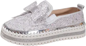 Glitter Sneakers for Women Women's Platform Rhinestones Glitter Sneaker Cute Bow Slip On Comfort Sneaker Loafer Casual Shoes