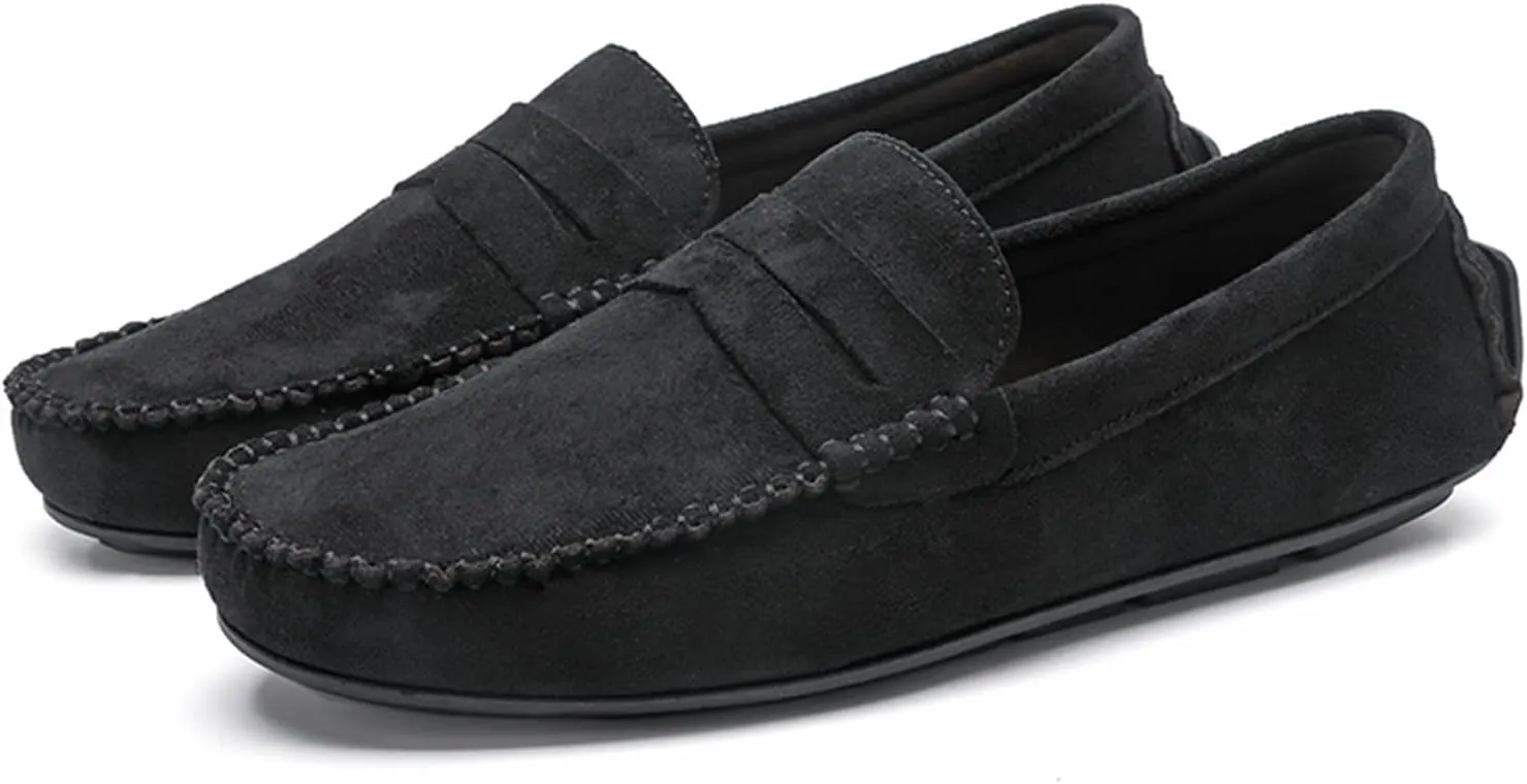 HOOENG Smoking Loafer for Men Suede Vamp Penny Loafer Stitching Details Round Toe Resistant Flexible Anti-Slip Outdoor Slip on