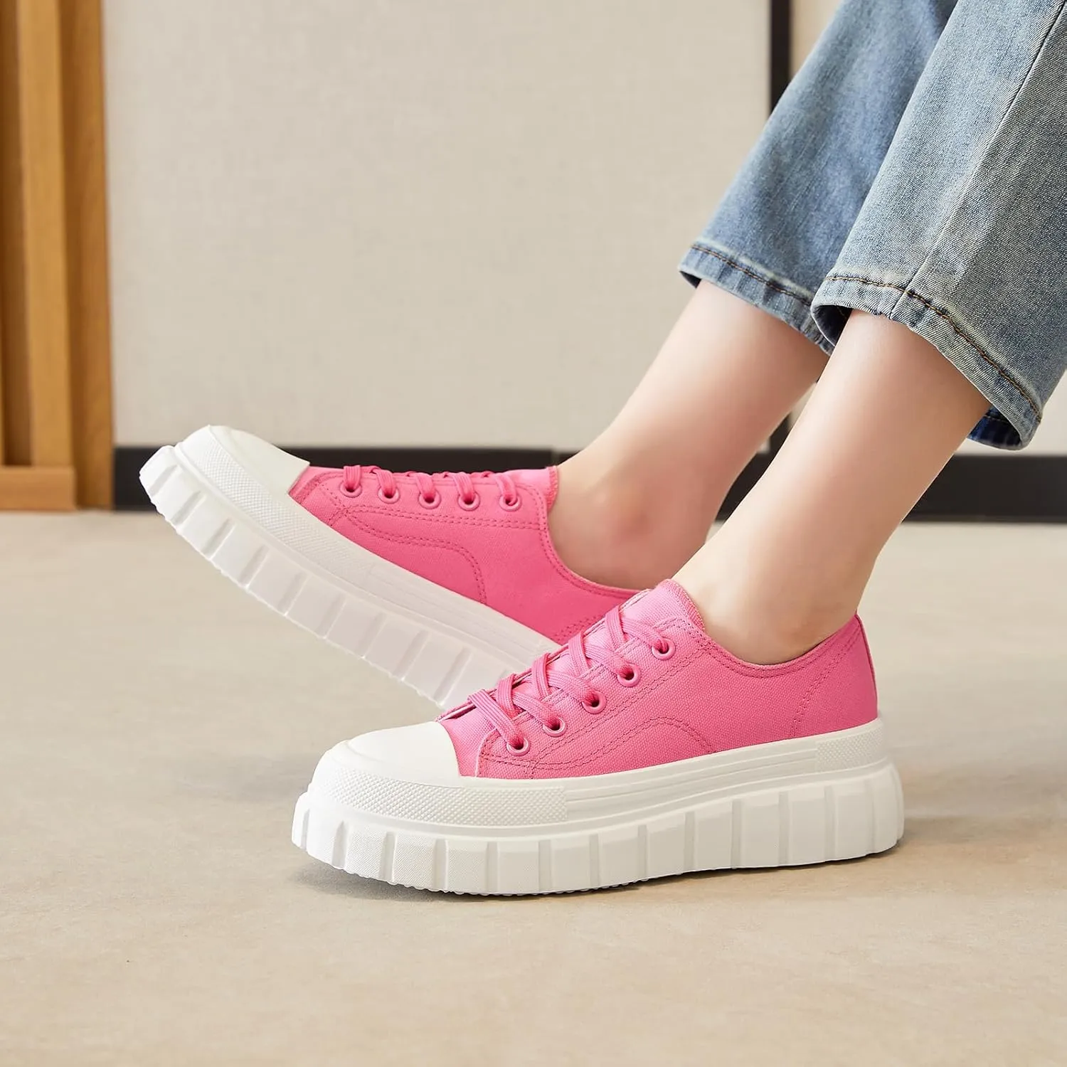 HYPOCRUTE Platform Sneakers for Women Low Top Canvas Shoes Womens Lace Up Platform Shoes Casual Walking Shoes for Women