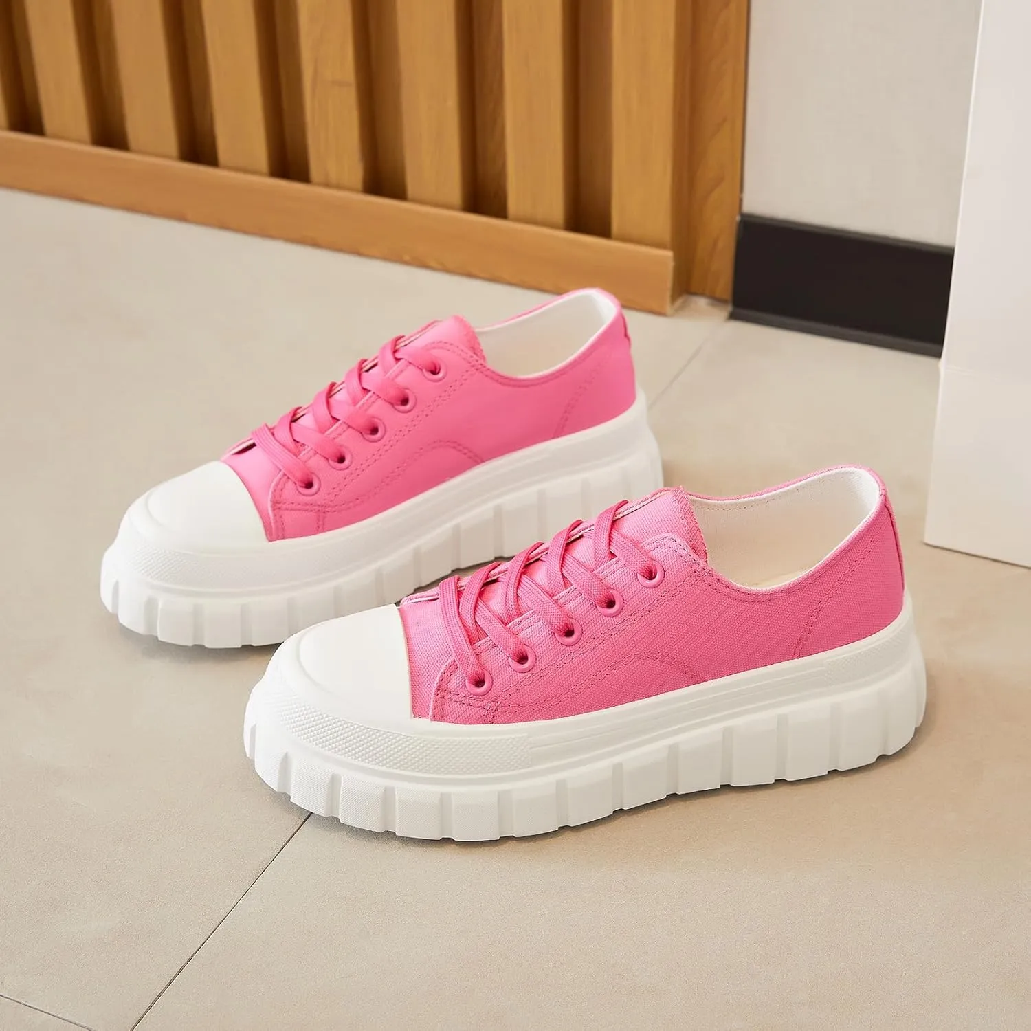HYPOCRUTE Platform Sneakers for Women Low Top Canvas Shoes Womens Lace Up Platform Shoes Casual Walking Shoes for Women