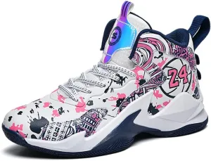 Kids Basketball Shoes, Leather Trendy Casual Sports Basketball Shoes Breathable Comfortable Boys Sneakers for Big Kids…
