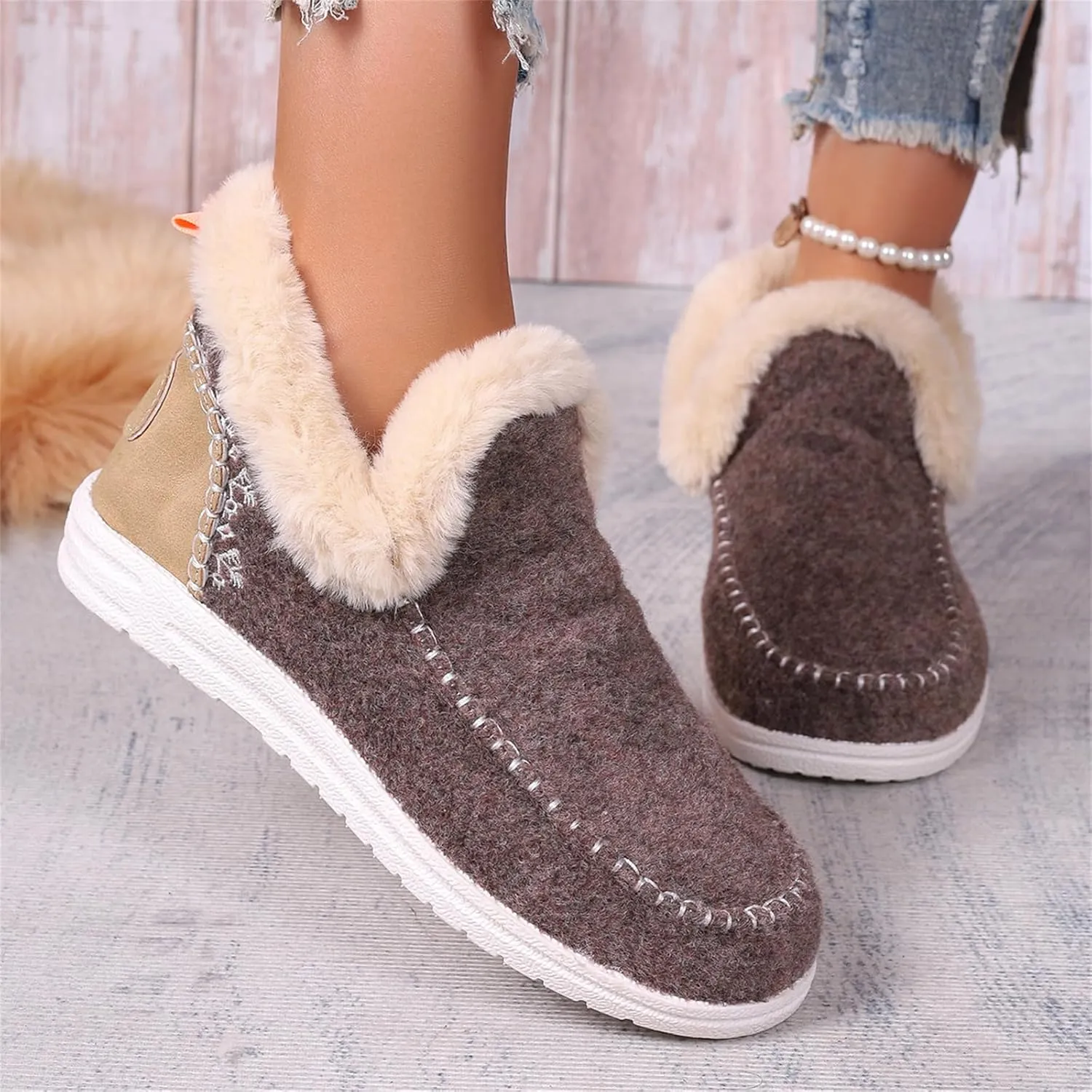 Ladmiple Booties For Women 2024 Warm Fur Lined Winter Snow Ankle Boots Outdoor Short Booties Fashion Slip On Loafers Shoes