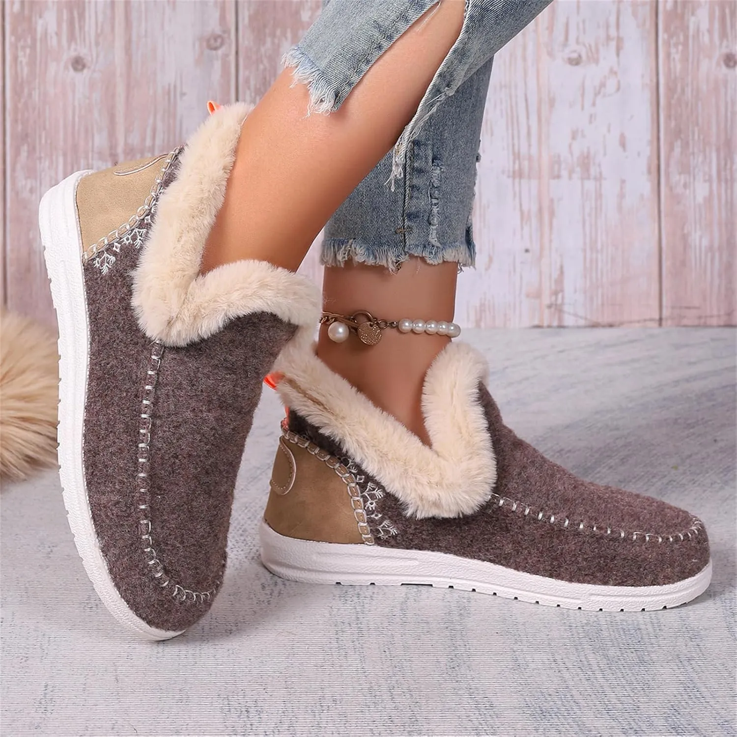 Ladmiple Booties For Women 2024 Warm Fur Lined Winter Snow Ankle Boots Outdoor Short Booties Fashion Slip On Loafers Shoes
