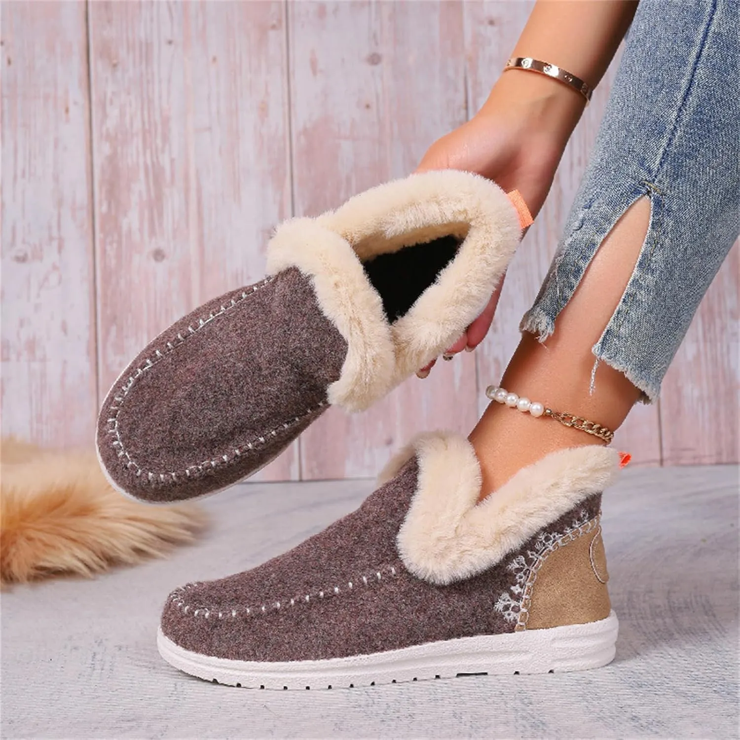 Ladmiple Booties For Women 2024 Warm Fur Lined Winter Snow Ankle Boots Outdoor Short Booties Fashion Slip On Loafers Shoes