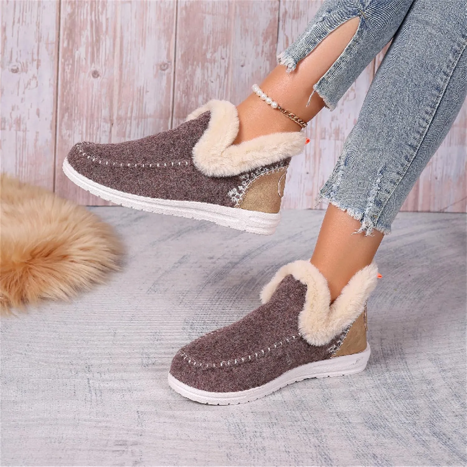 Ladmiple Booties For Women 2024 Warm Fur Lined Winter Snow Ankle Boots Outdoor Short Booties Fashion Slip On Loafers Shoes