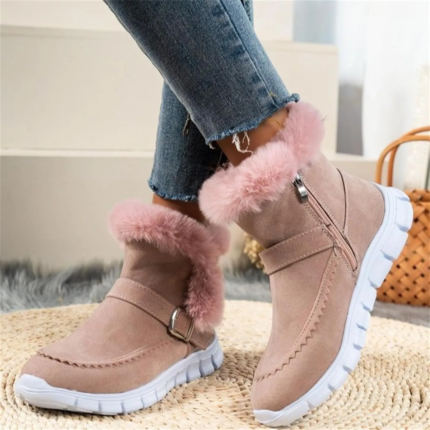 Ladmiple Boots For Women Ankle Booties Winter Slip On Warm Snow Boots Fashion Fur Lined Thickening Comfortable Loafers Shoes