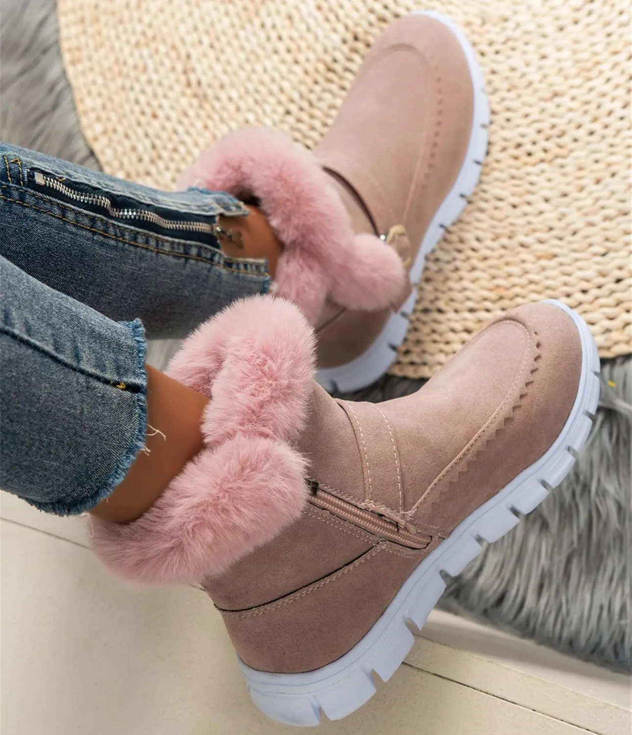 Ladmiple Boots For Women Ankle Booties Winter Snow Boots Slip on Warm Comfortable Outdoor Fur Lined Walking Loafers Shoes