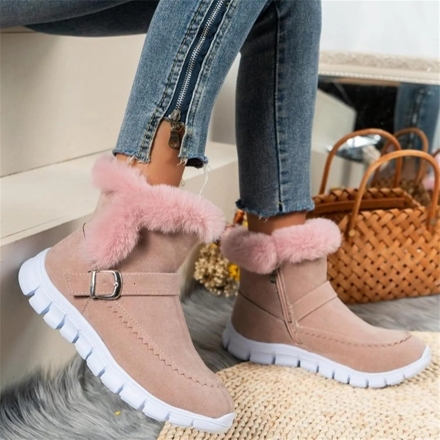 Ladmiple Boots For Women Ankle Booties Winter Snow Boots Slip on Warm Comfortable Outdoor Fur Lined Walking Loafers Shoes