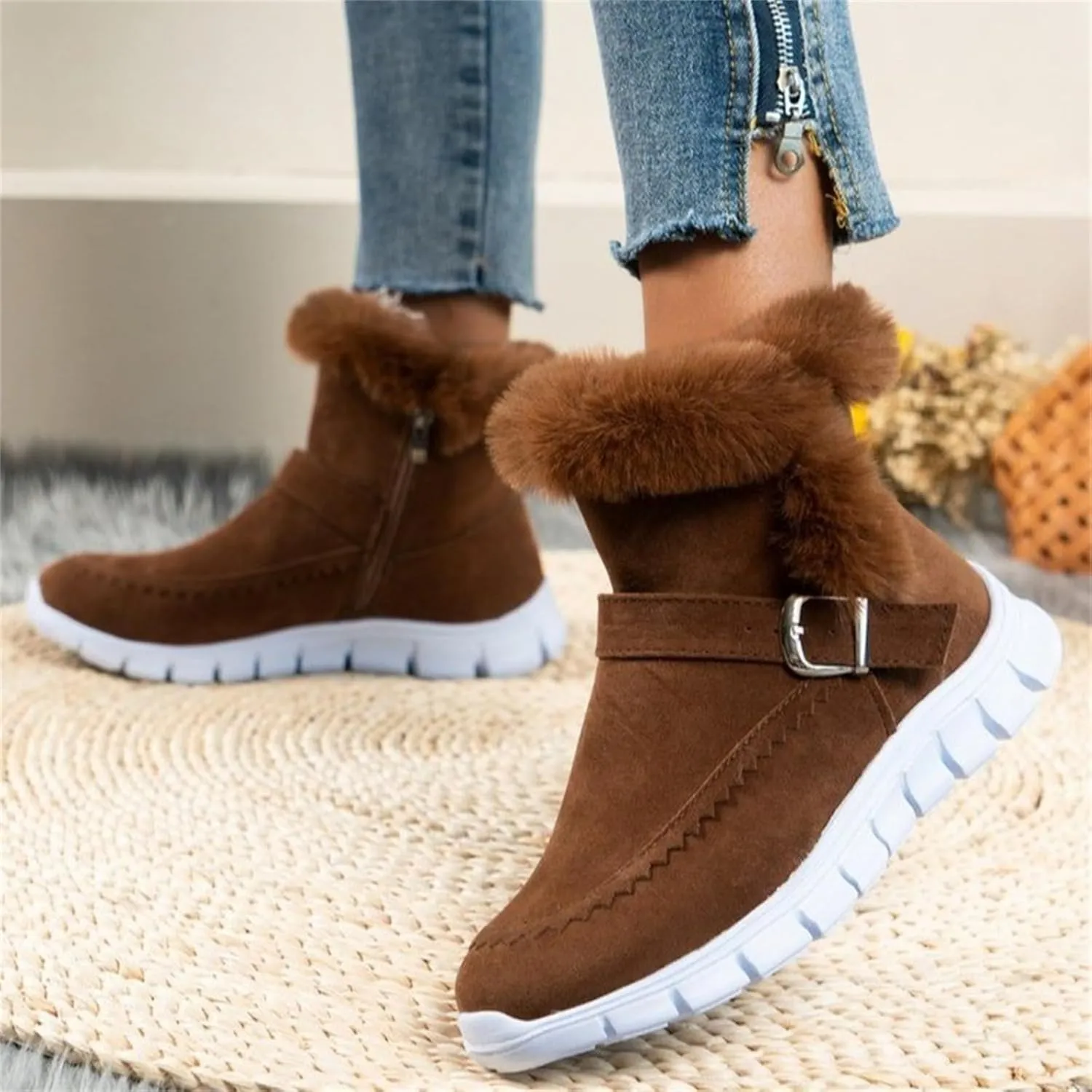Ladmiple Boots For Women Ankle Booties Winter Snow Boots Slip on Warm Comfortable Outdoor Fur Lined Walking Loafers Shoes