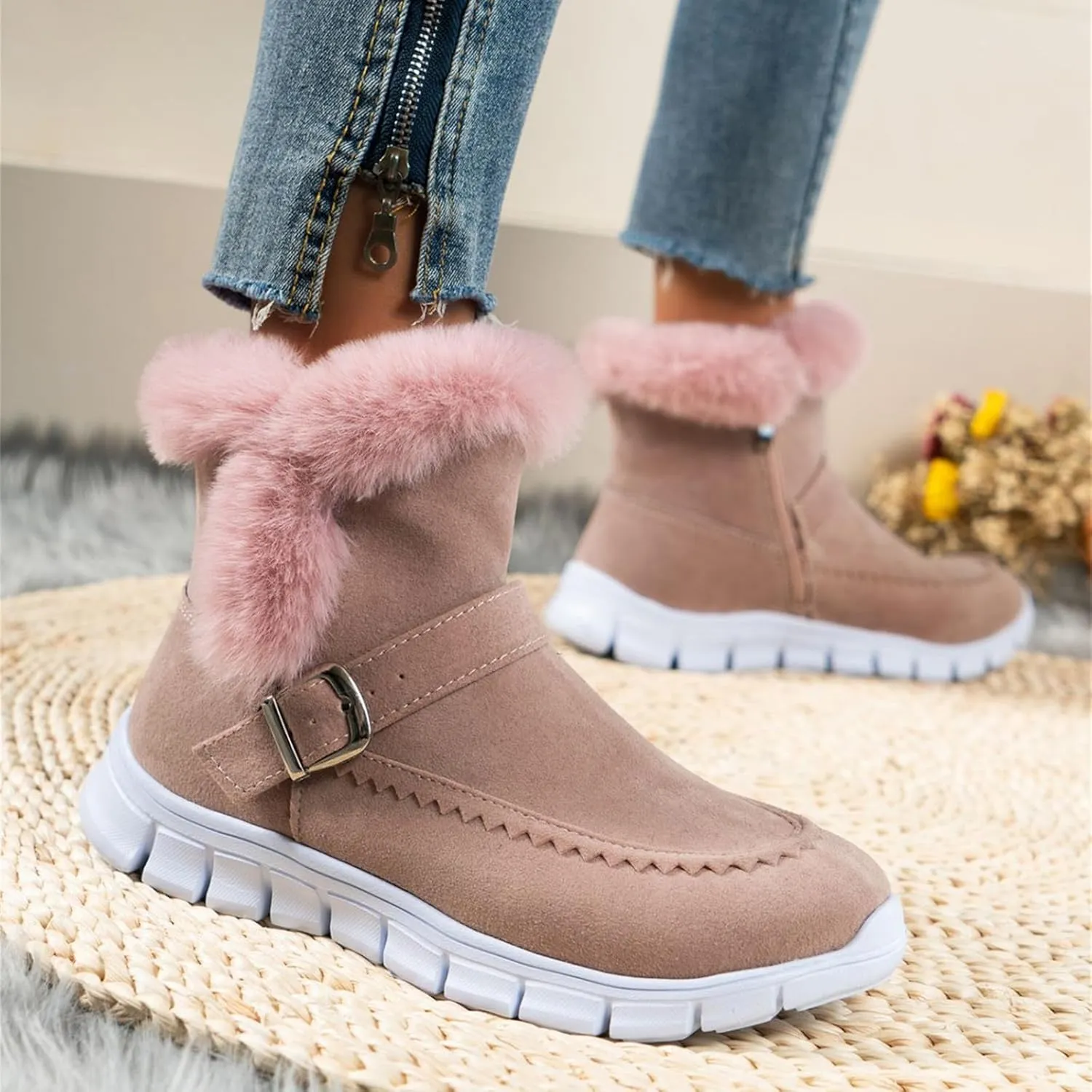 Ladmiple Boots For Women Ankle Booties Winter Snow Boots Slip on Warm Comfortable Outdoor Fur Lined Walking Loafers Shoes