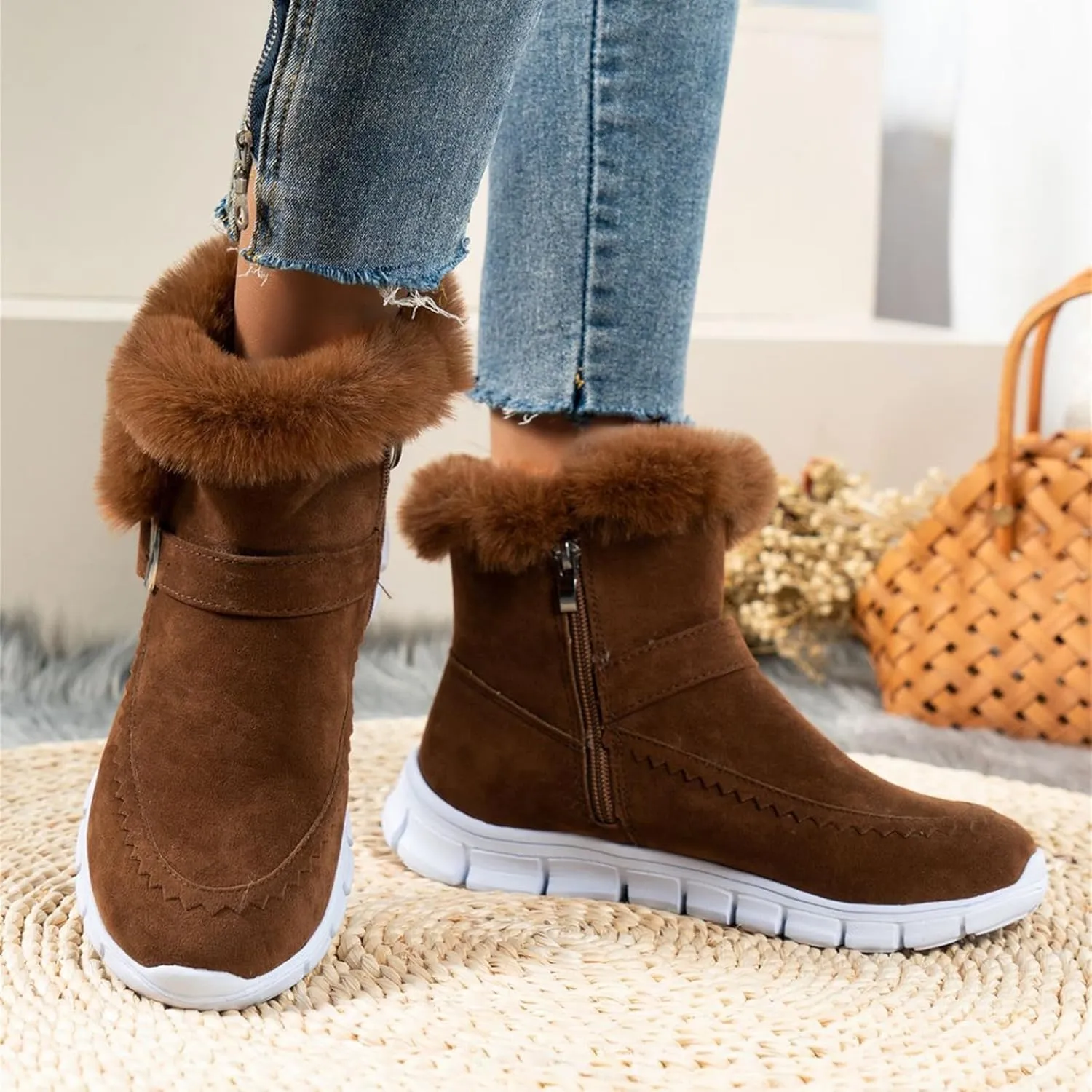 Ladmiple Boots For Women Ankle Booties Winter Snow Boots Slip on Warm Comfortable Outdoor Fur Lined Walking Loafers Shoes