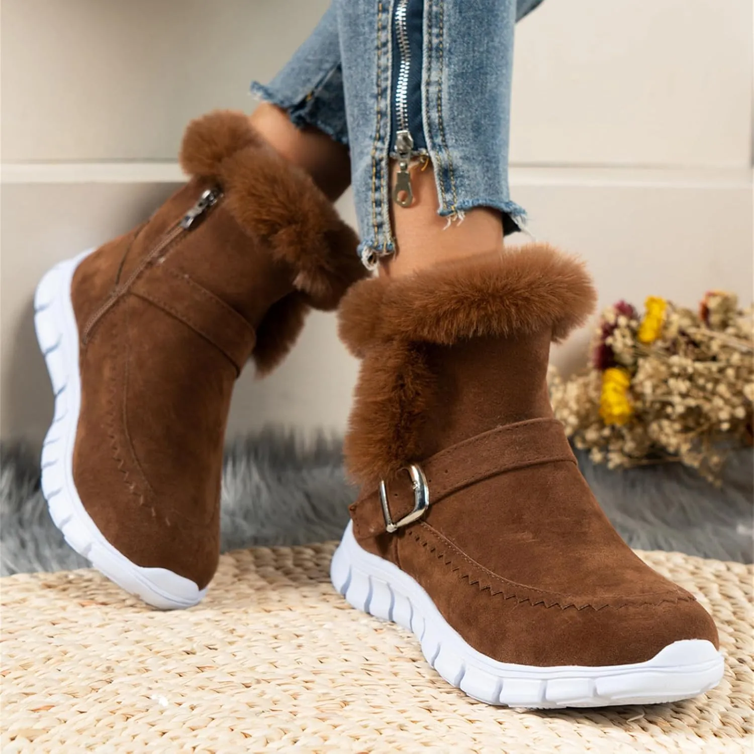 Ladmiple Boots For Women Ankle Booties Winter Snow Boots Slip on Warm Comfortable Outdoor Fur Lined Walking Loafers Shoes