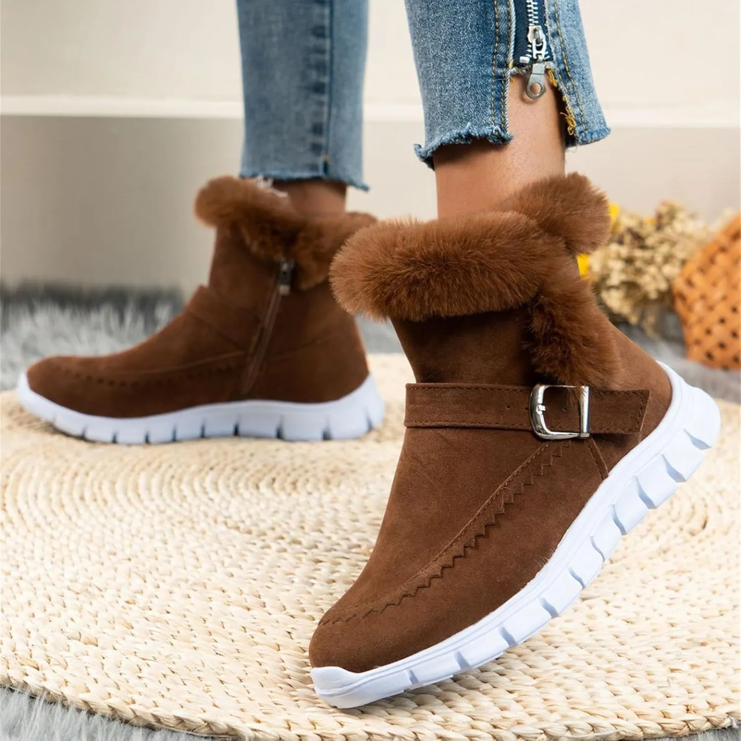 Ladmiple Boots For Women Ankle Booties Winter Snow Boots Slip on Warm Comfortable Outdoor Fur Lined Walking Loafers Shoes