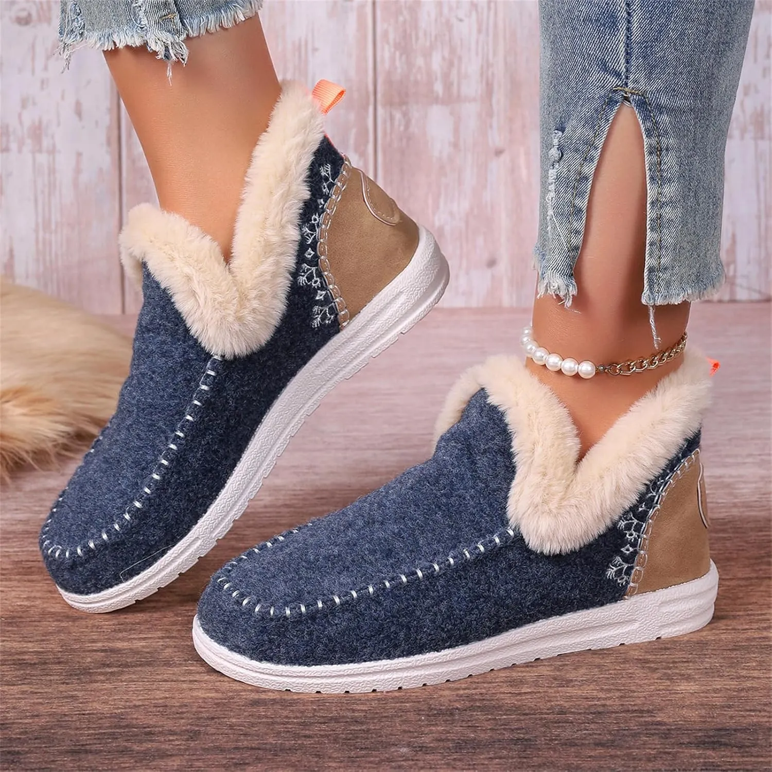 Ladmiple Boots For Women Ankle Booties Winter Snow Boots Warm Slip On Outdoor Fur Lined Comfortable Fashion Loafers Shoes
