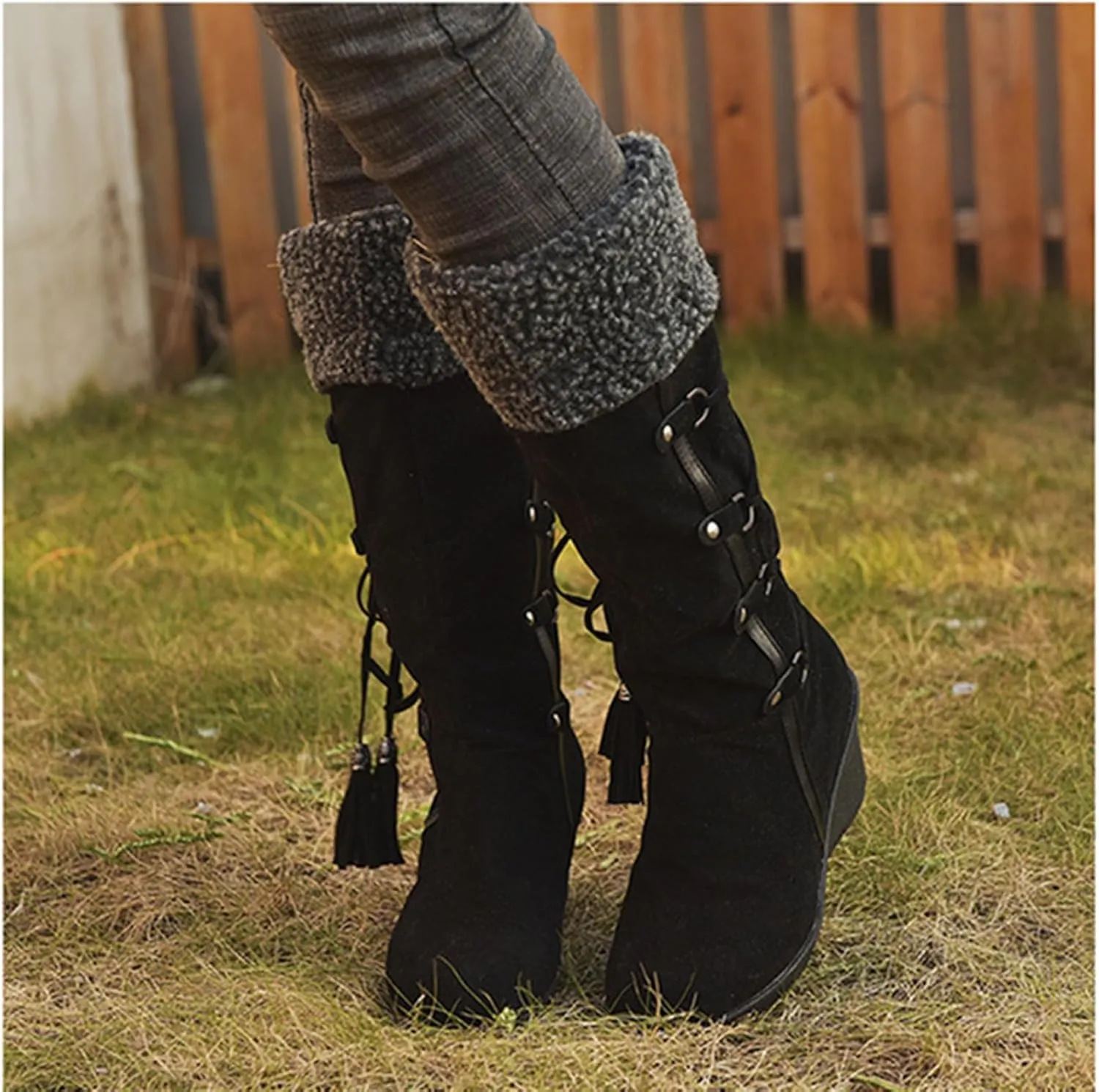 Ladmiple Snow Boots For Women Tall Mid Calf Warm Comfortable Slip On Outdoor Fur Lined Lining Thickening Winter Shoes