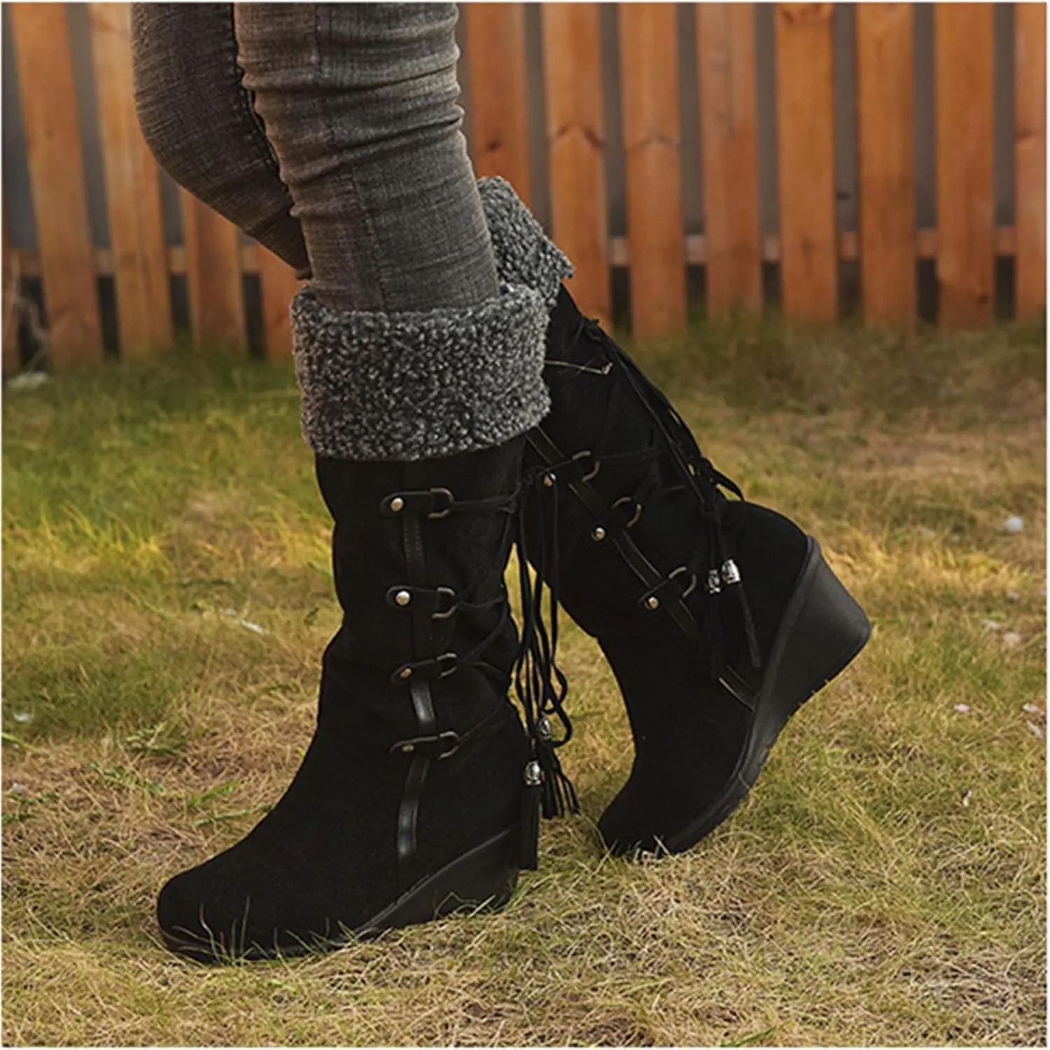 Ladmiple Snow Boots For Women Tall Mid Calf Warm Comfortable Slip On Outdoor Fur Lined Lining Thickening Winter Shoes