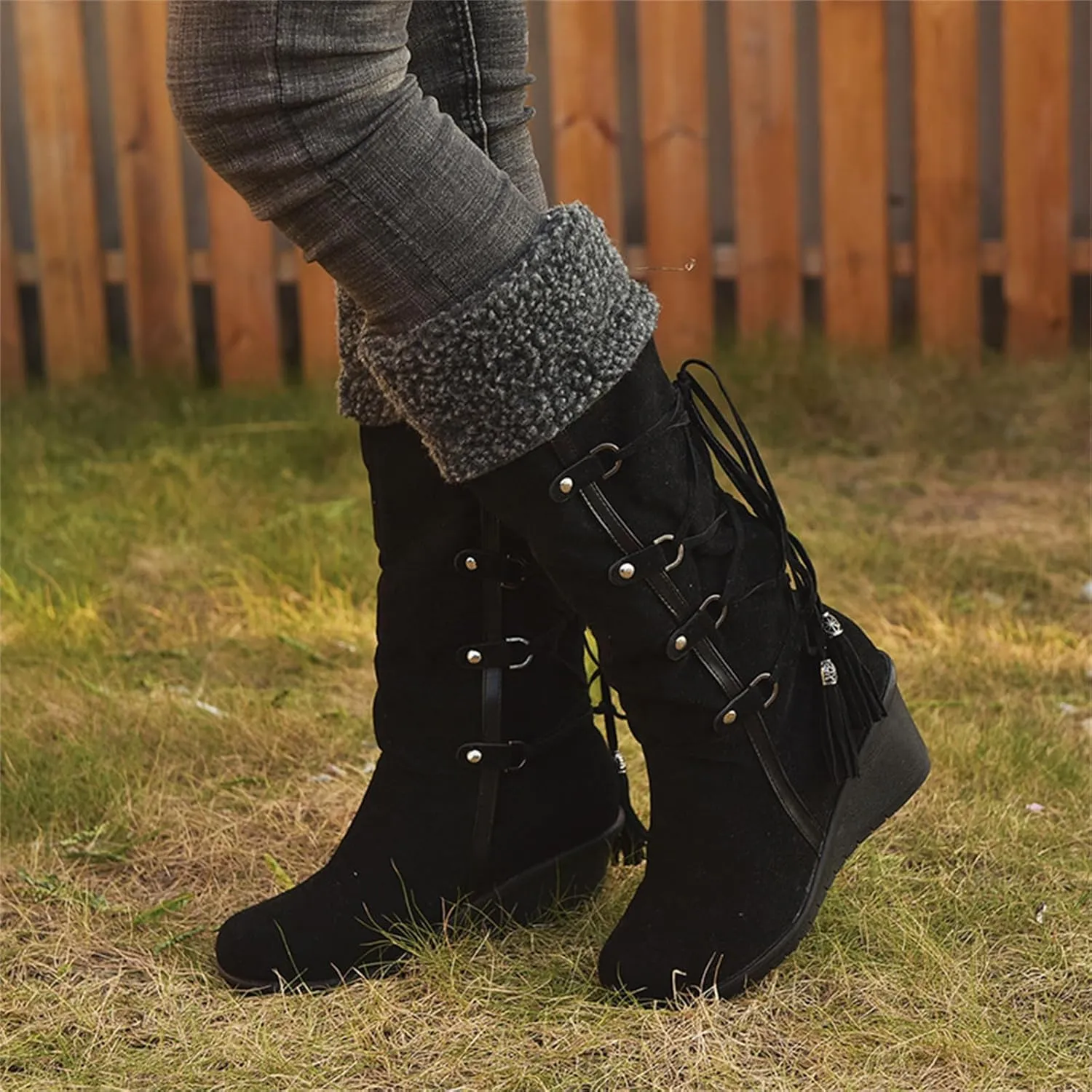 Ladmiple Snow Boots For Women Tall Mid Calf Warm Comfortable Slip On Outdoor Fur Lined Lining Thickening Winter Shoes