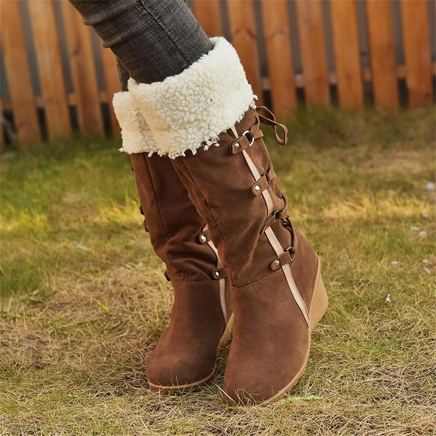 Ladmiple Snow Boots For Women Tall Mid Calf Warm Comfortable Slip On Outdoor Fur Lined Lining Thickening Winter Shoes