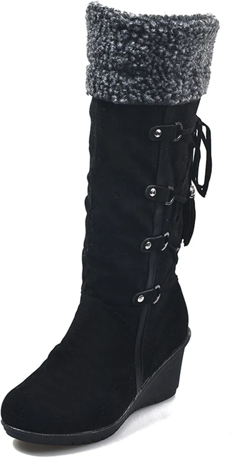 Ladmiple Snow Boots For Women Tall Mid Calf Warm Comfortable Slip On Outdoor Fur Lined Lining Thickening Winter Shoes
