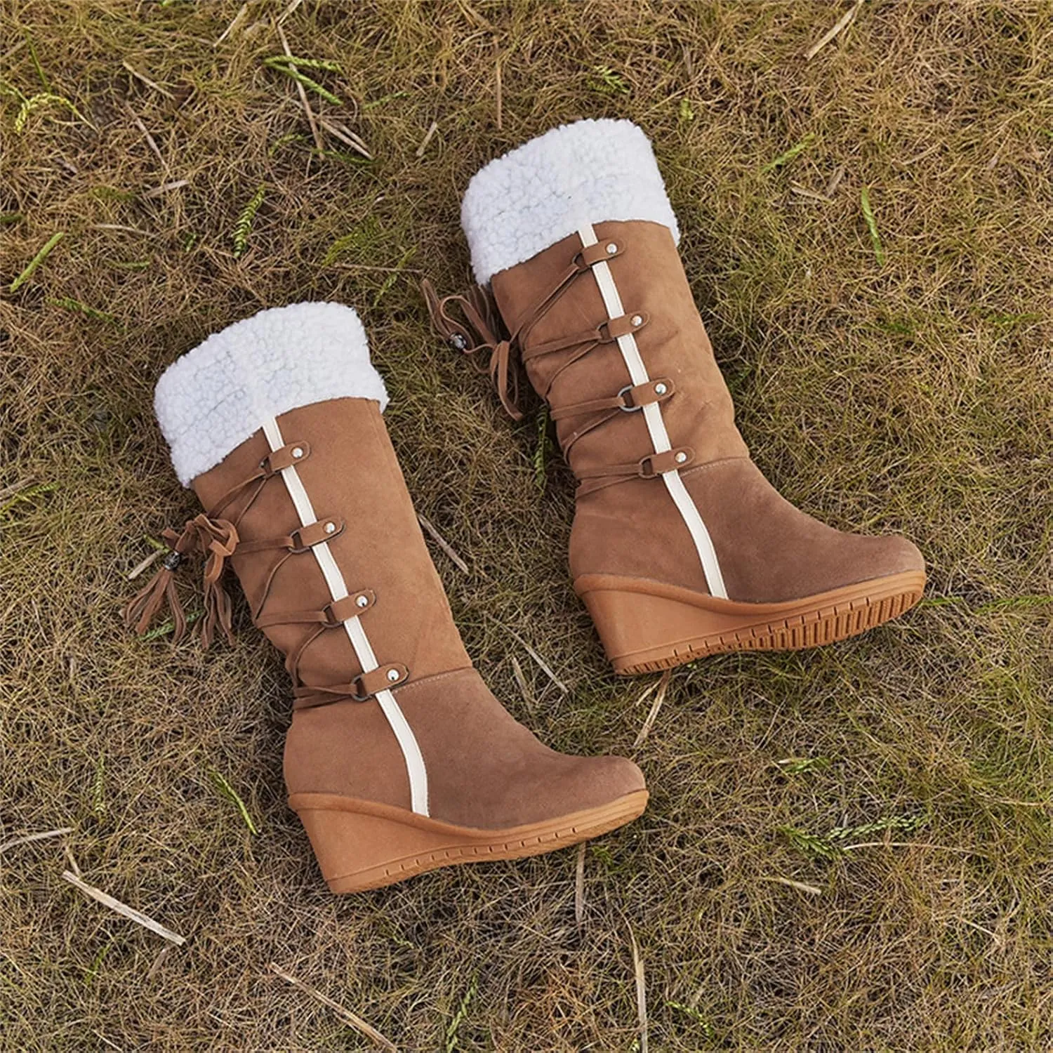 Ladmiple Snow Boots For Women Tall Mid Calf Warm Comfortable Slip On Outdoor Fur Lined Lining Thickening Winter Shoes