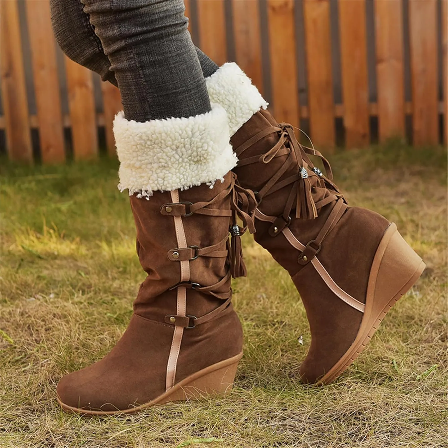 Ladmiple Snow Boots For Women Tall Mid Calf Warm Comfortable Slip On Outdoor Fur Lined Lining Thickening Winter Shoes