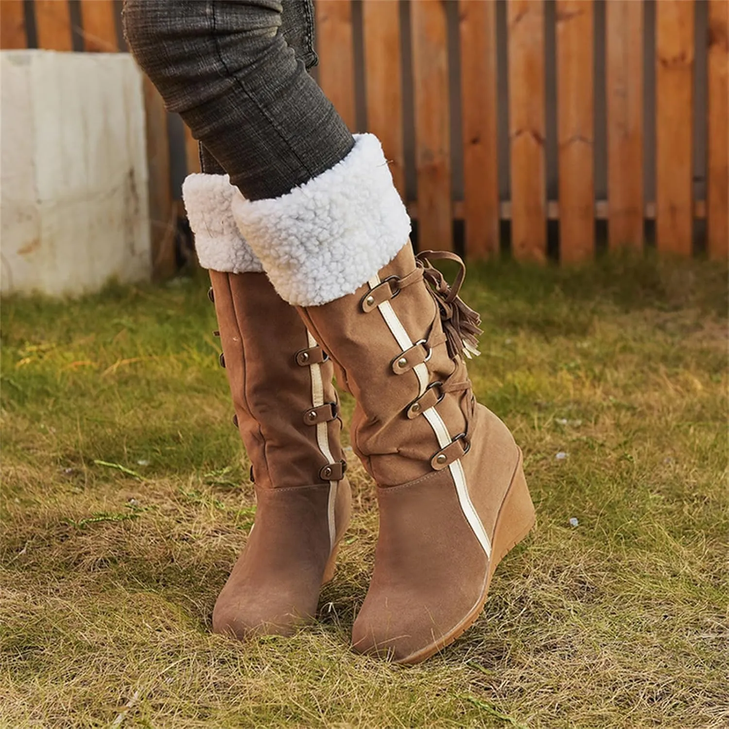Ladmiple Snow Boots For Women Tall Mid Calf Warm Comfortable Slip On Outdoor Fur Lined Lining Thickening Winter Shoes
