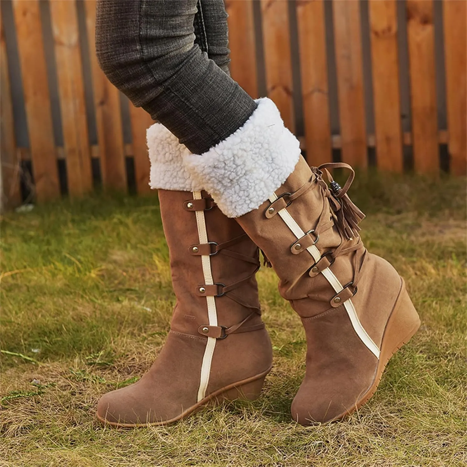 Ladmiple Snow Boots For Women Tall Mid Calf Warm Comfortable Slip On Outdoor Fur Lined Lining Thickening Winter Shoes