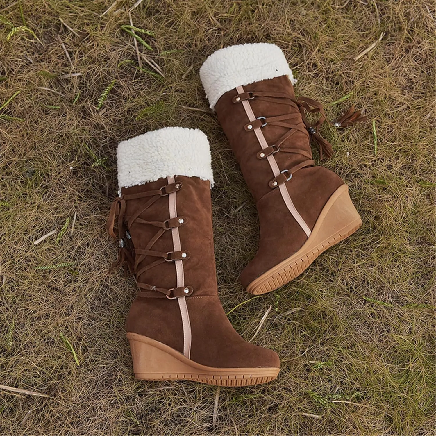 Ladmiple Snow Boots For Women Tall Mid Calf Warm Comfortable Slip On Outdoor Fur Lined Lining Thickening Winter Shoes
