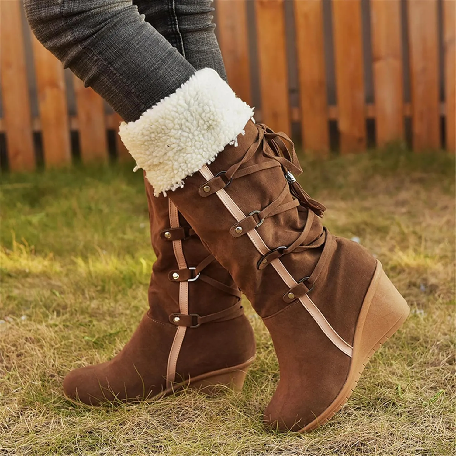 Ladmiple Snow Boots For Women Tall Mid Calf Warm Comfortable Slip On Outdoor Fur Lined Lining Thickening Winter Shoes