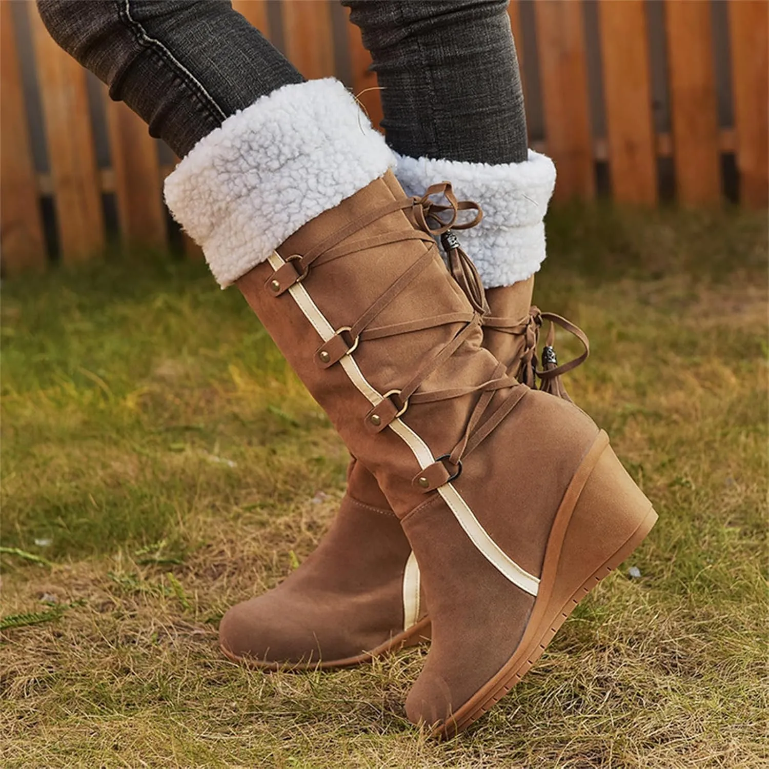 Ladmiple Snow Boots For Women Tall Mid Calf Warm Comfortable Slip On Outdoor Fur Lined Lining Thickening Winter Shoes