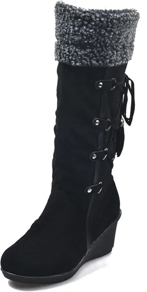 Ladmiple Snow Boots For Women Tall Mid Calf Warm Comfortable Slip On Outdoor Fur Lined Lining Thickening Winter Shoes
